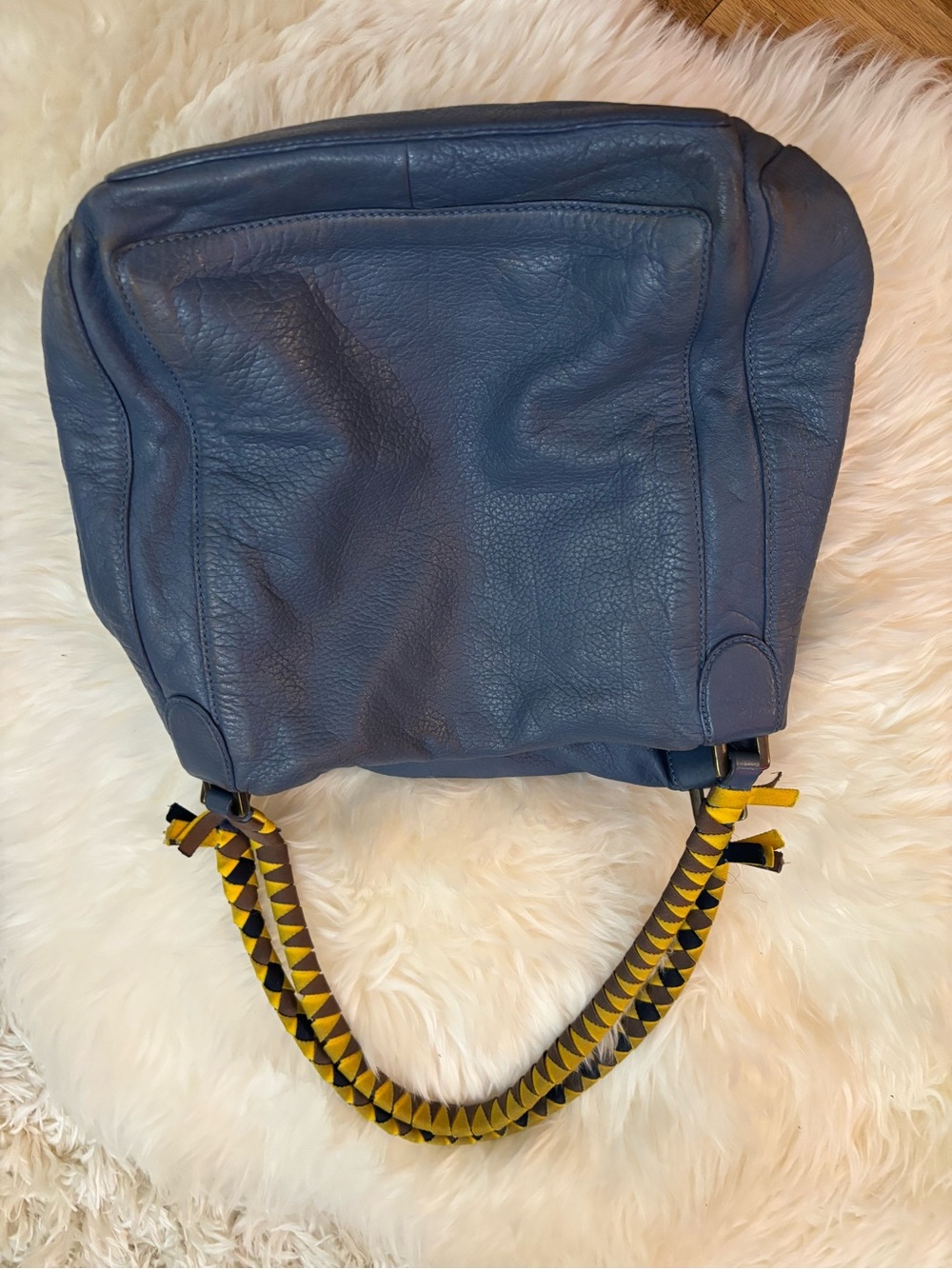 Stuart Weitzman Pebble Blue Leather Shoulder Bag with Yellow Braided Handles